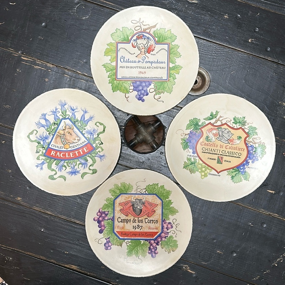 Set of 4 Vins et Fromages by E.G. Rush for SILVESTRI - 8” Round Plates